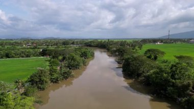 Kuala Sala, Kedah 'da kahverengimsi renkte bir nehir. Su akıyor ve nehrin her iki tarafında da ağaçlar var.