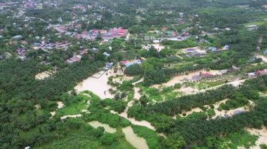 Ev ve ağaçlarla dolu sel basmış bir bölge. Su kahverengi ve bulanık. Evler arka planda.