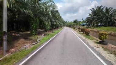 İki tarafında ağaçlar olan bir yol. Yol bomboş. Gökyüzü bulutlu. POV hamlesi Pantai Perpat yakınlarında, Batu Pahat