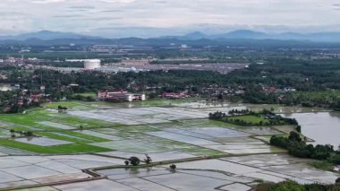 Lab Banting 'deki yeşil çeltik tarlalarını, köyü ve uzak dağları sel bastı.