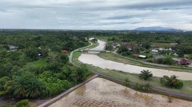 Sungai Perai nehir kıvrımının, köprünün, yolların, tarlaların ve çevresindeki tropikal bitki örtüsünün hava aracı görüntüleri..