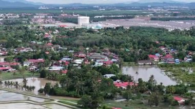 Labuh Banting köyünün yukarıdan görünüşü, palmiye tarlaları, sel basmış çeltik tarlaları ve konut çatıları..