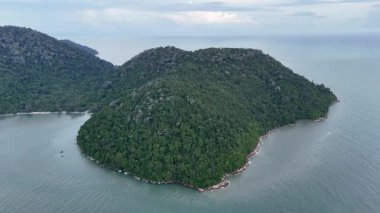 Kuş bakışı Penang Milli Parkı 'nı, verimli tropikal ormanların engebeli kıyı şeridi boyunca denizle buluşmasıyla yakalıyor..