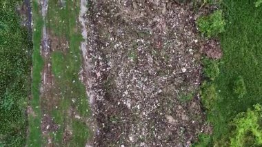 Havadan yukarıdan bakıldığında bataklık yakınlarındaki kırsal bir arazide dağınık çöp ve bitki örtüsü görülüyor..