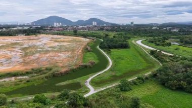 Yukarıdan aşağı hava sulak arazi görüntüleri kıvrılan nehri, bataklık bitkisini ve uçan beyaz balıkçıl kuşlarını gösteriyor..