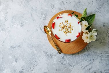 Gri bir masada taze meyve ve yoğurtla sağlıklı bir kahvaltı. Yulaf ezmeli tatlı. Doğal beslenme. Panakot. Yakın plan..