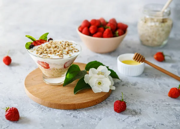 Postre Dietético Base Avena Fresas Frescas Delicioso Saludable Lig Imágenes de stock libres de derechos