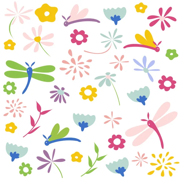 Libélula patrón floral sin costura — Vector de stock