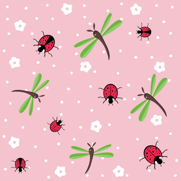 Dragonflies and ladybugs seamless floral pattern — Stock Vector