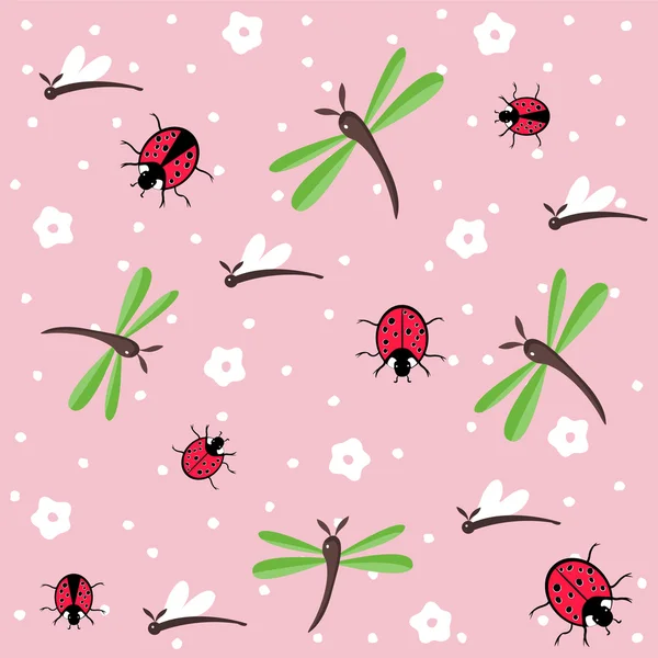 Dragonflies and ladybugs seamless floral pattern — Stock Vector