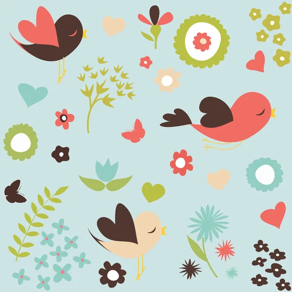 Aves y flores, fondo de primavera — Archivo Imágenes Vectoriales