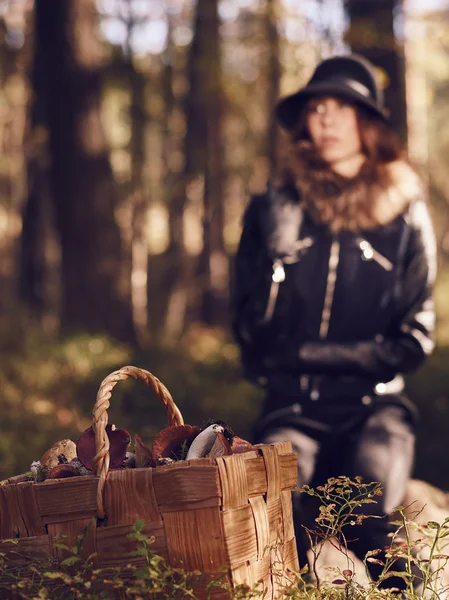 Mulher e cesta de cogumelos — Fotografia de Stock