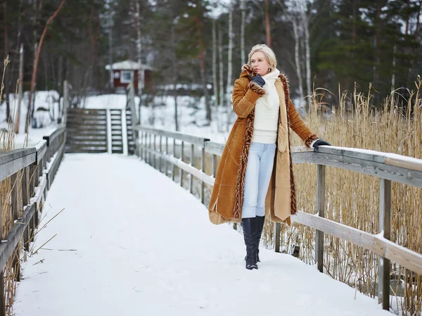 La mujer a la moda y la ropa de invierno - la escena rural —  Fotos de Stock