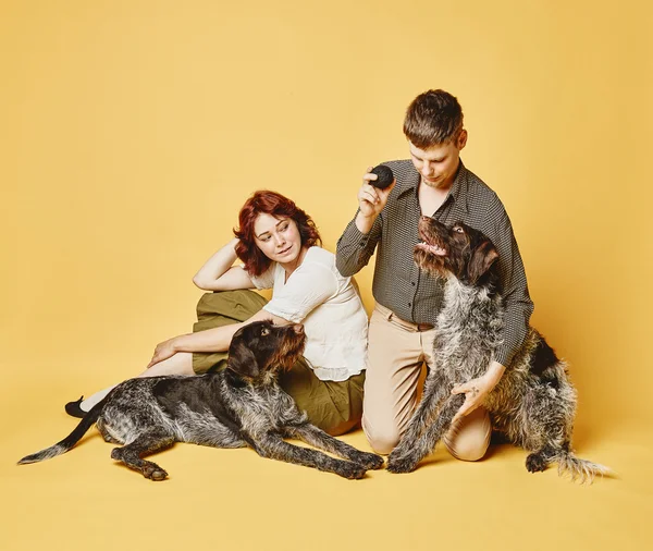 Couple and dog together, 70's look theme — Stockfoto