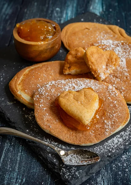 Heart Shaped Pancakes Apricot Jam Breakfast — Stock Photo, Image