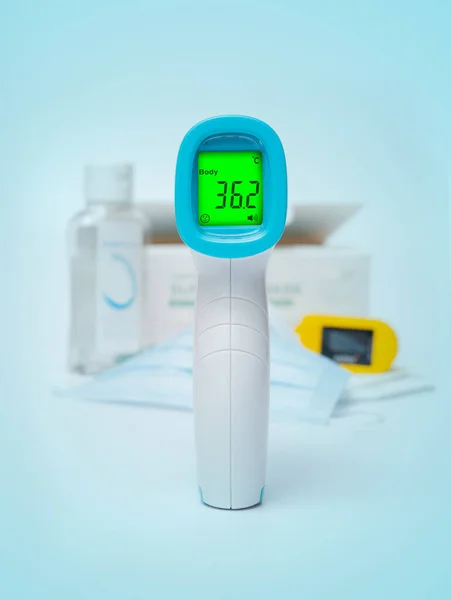 Personal Protective Equipment Coronavirus Covid Masks Oximeter Thermoscanner Sanitizing Gel — Foto Stock