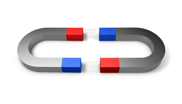 3D иллюстрация магнита с северным и южным полюсами на белом фоне