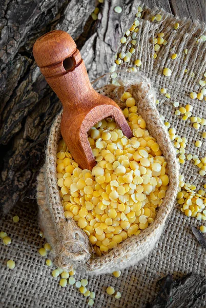 Bamboo Bowl Yellow Lentils Wooden Table — Stock Photo, Image