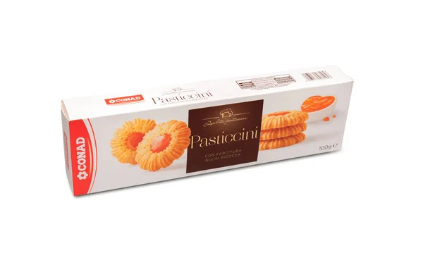 Itália Fevereiro 2021 Pacote Biscoitos Marca Conad Com Recheio Geléia — Fotografia de Stock