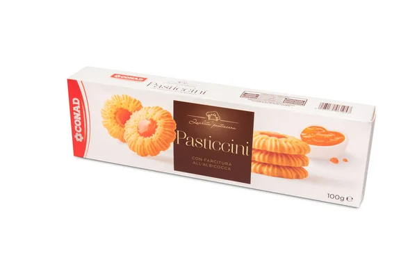 Itália Fevereiro 2021 Pacote Biscoitos Marca Conad Com Recheio Geléia — Fotografia de Stock