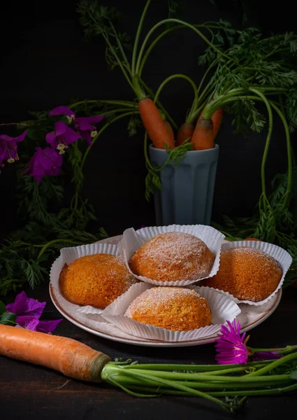Pequenos Bolos Cenoura Com Açúcar Adequado Para Café Manhã — Fotografia de Stock