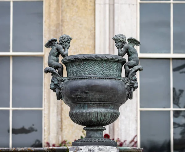 Ornate Metal Urn Pair Winged Cherubs Kingston Lacy Country House — Stock Photo, Image