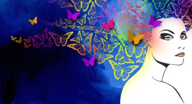 Güzel bir kadının yüzünün kavramsal ve soyut grafik tasarımı ve uçuşan saçlarının rengarenk kelebekler olması. Sanat aslında Kadın Tarihi Ayı ve Kadın Tarihi Günü 'nü onurlandırmak ve kutlamak için tasarlanmıştır. Özelleştirilmiş türde veya hea için boşluk temizle