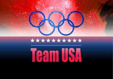 ABD takımı ile birlikte heyecan verici kırmızı, beyaz ve mavi soyut arkaplanlara karşı ikonik Olimpiyat halkaları sembollerinin grafiksel tasarımı. Olimpiyat temalı projeler ve tasarımlar için çağdaş sanat uygun.