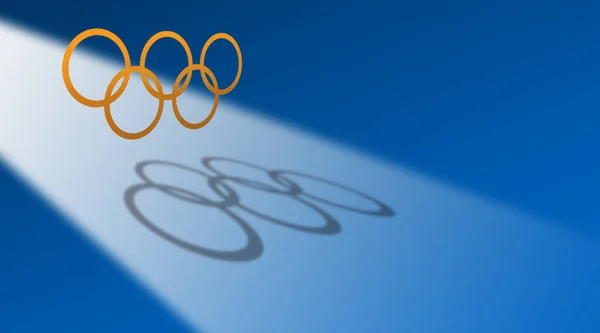 Grafisch Ontwerp Van Iconische Olympische Ringen Symbool Tegen Dramatische Blauwe — Stockfoto