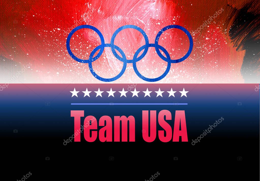 Graphic design of iconic Olympic rings symbol against exciting red, white, and blue abstract background with the label Team USA. Contemporary art suitable for use with Olympic themed projects and designs.