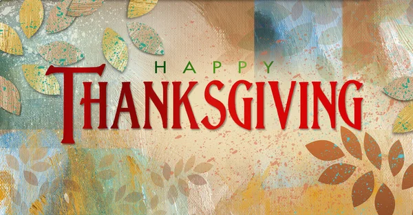 Graphic text design of the sentiment Happy Thanksgiving holiday message. Art created with abstract textures and seasonal fall leaf icons. Suitable for seasonal use as header, background, featured holiday display or greeting card art.