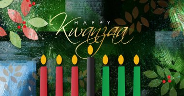 Noel duygularının grafiksel tasarımı Mutlu Kwanzaa şenlikli yeşiller, maviler ve kırmızıların grunge tarzı arka planına karşıdır. Kwanzaa Tatil teması için uygun sanat tebrik kartı sanatı içeriyor. 