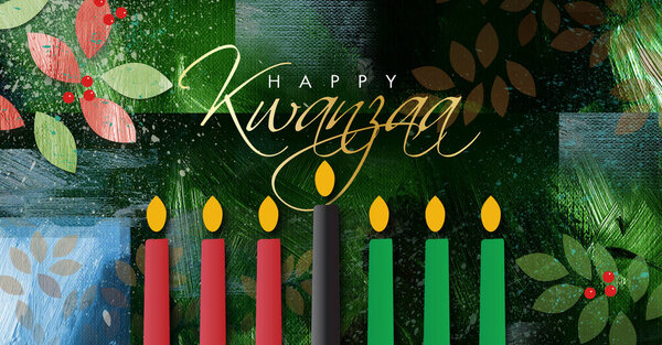 Graphic design of the holiday sentiment Happy Kwanzaa set against festive greens, blues and reds grunge style background. Art suitable for Kwanzaa Holiday themes including greeting card art. 