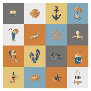 Yaz ve plaj basit düz simgeler