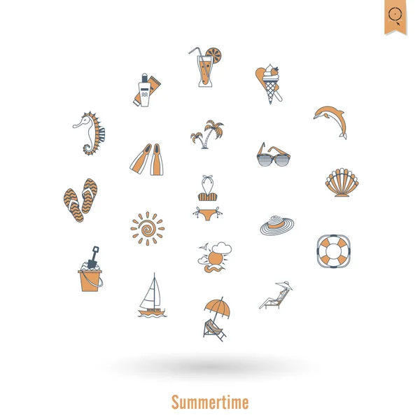 Verano y playa simples iconos planos — Vector de stock