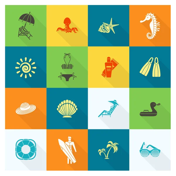 Verano y playa simples iconos planos — Vector de stock