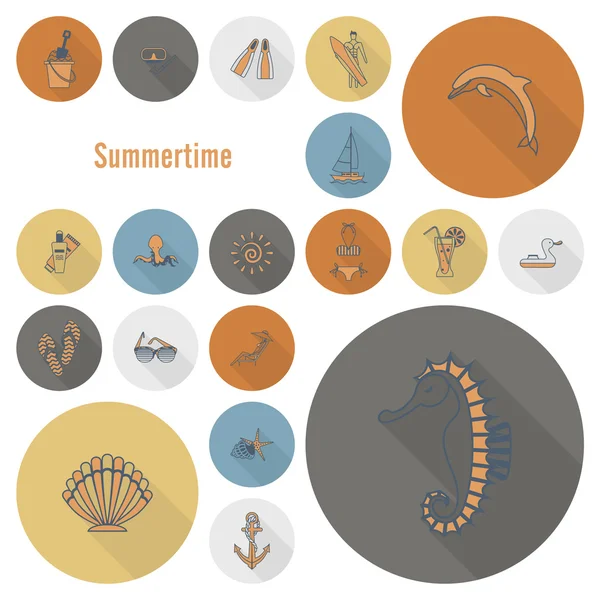 Verão e praia simples ícones planos — Vetor de Stock