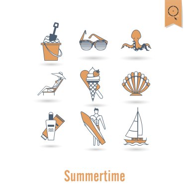 Yaz ve plaj basit düz simgeler