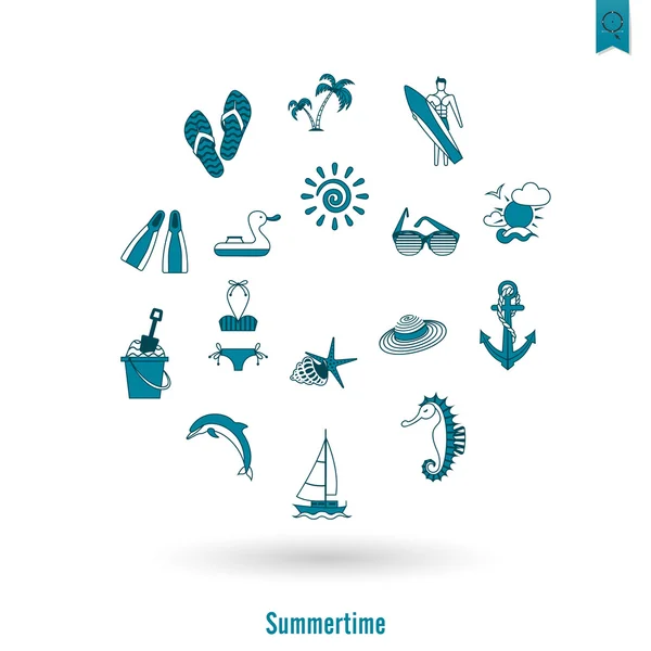 Sommer und Strand einfache flache Symbole — Stockvektor