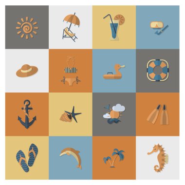 Yaz ve plaj basit düz simgeler