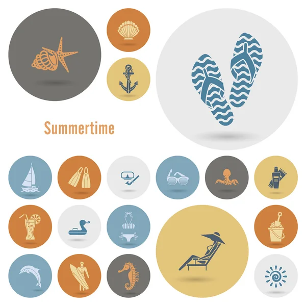 Verano y playa simples iconos planos — Vector de stock