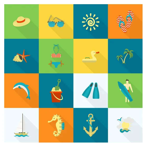 Verano y playa simples iconos planos — Vector de stock