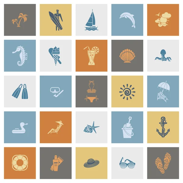 Verano y playa simples iconos planos — Vector de stock