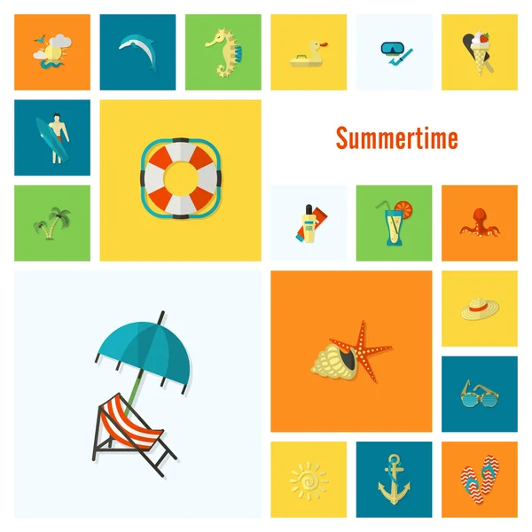 Sommaren och stranden enkel platta ikoner — Stock vektor