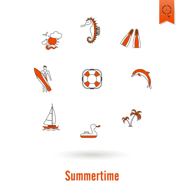 Verano y playa simples iconos planos — Vector de stock