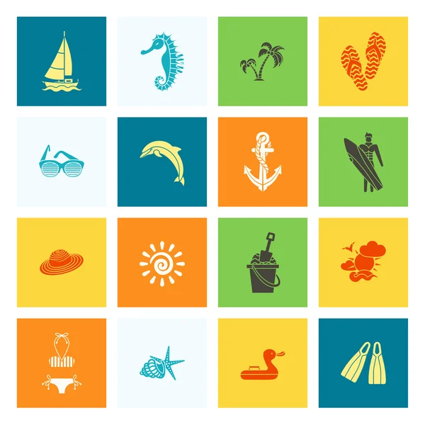 Verano y playa simples iconos planos — Vector de stock