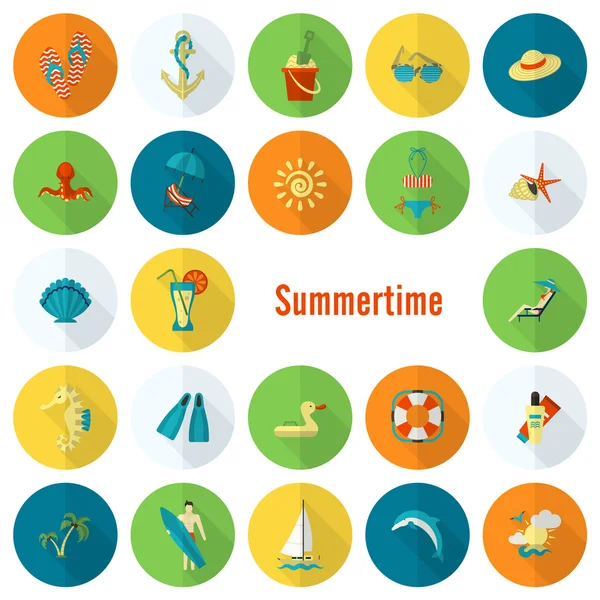 Verano y playa simples iconos planos — Vector de stock