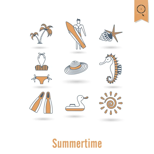 Verano y playa simples iconos planos — Vector de stock