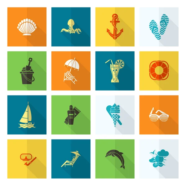 Verano y playa simples iconos planos — Vector de stock