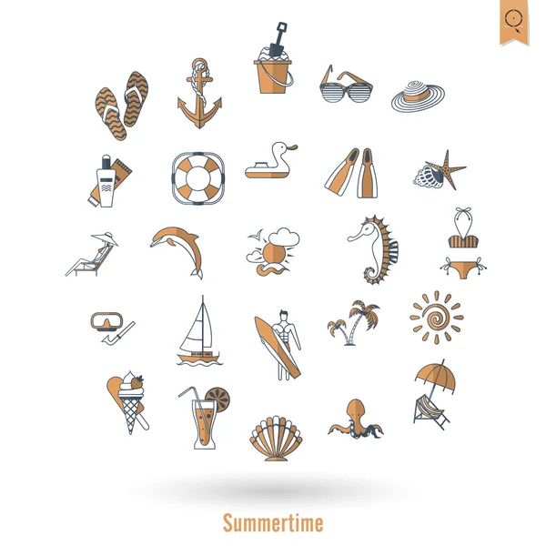 Verano y playa simples iconos planos — Vector de stock